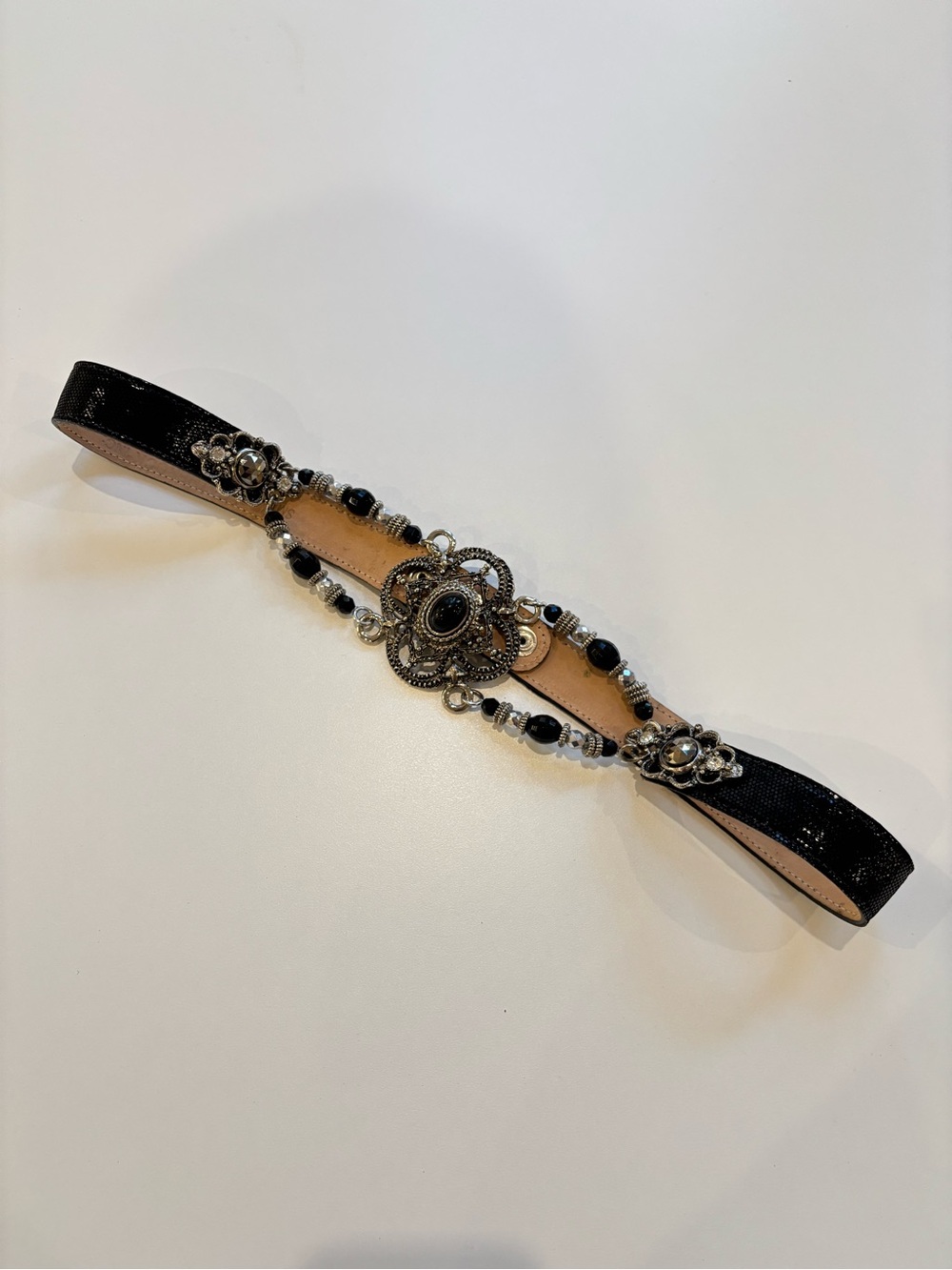 Black Beaded Women's Waist Belt with Ornamental Silver Accent